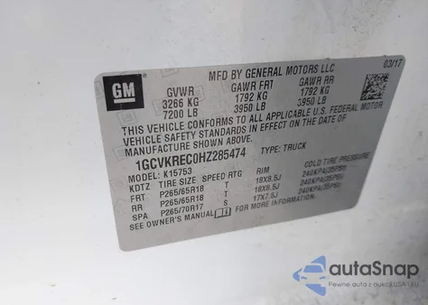 2017 Chevrolet Silverado 1500 1Lt from USA, damaged, VIN 1GCVKREC0HZ285474